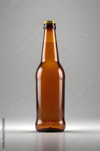 Empty one brown transparent beer full bottle front view perfect size for alcohol product mockup design in white bright background from flash studio lighting.