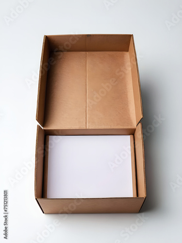 Empty brown paper box open isolated horizontal view in white bright background. Transportation business or post product concept.