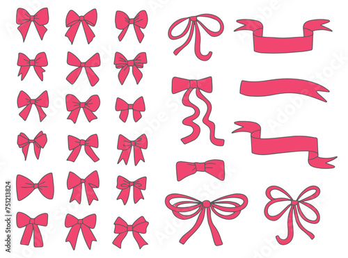 Set of elegant pink cartoon bows on a white background, gift ribbons. Fashionable accessory for hair braiding. Drawing tapes. Hand drawn vector. Vector
