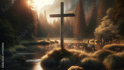 Video motion loop Cross in the edge of river , the Day of ressuraction of Jesus Concept for background  photo