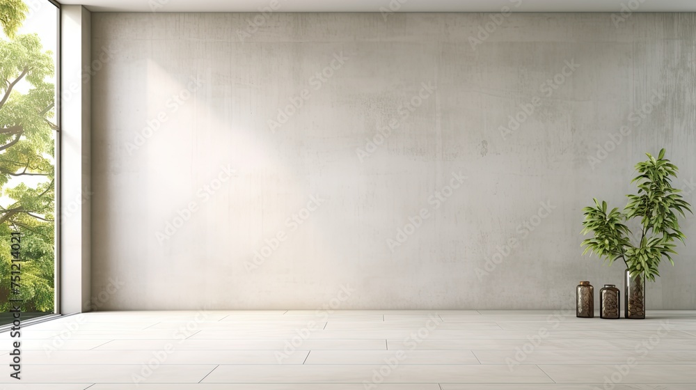 Modern Empty Living Room with Garden View Background - Simplistic Interior Design with White Walls and Floor Modern Empty Living Room with Garden View Background - Simplistic Interior Design with White Walls and Floor