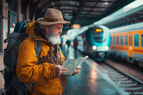 Elderly Adventurer at Train Station Studying Map