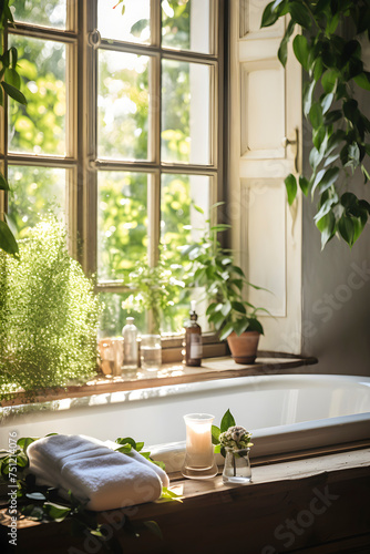 Bathroom With Plants and Candles by Window. AI generated