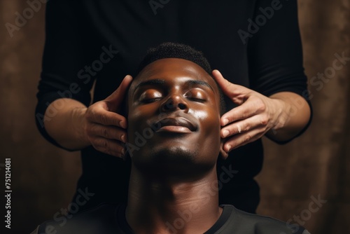 Handsome dark-skinned young gentleman treated to a pampering head massage for holistic well-being