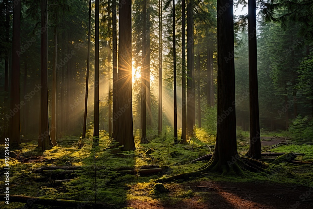Obraz premium Nature's Beauty: Morning Sunshine Shining Through Lush British Columbia Forest - A Serene Scenic View of the Forest's Growth and Beauty on a Bright Day Outdoors