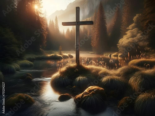 Video motion loop Cross in the edge of river , the Day of ressuraction of Jesus Concept for background 