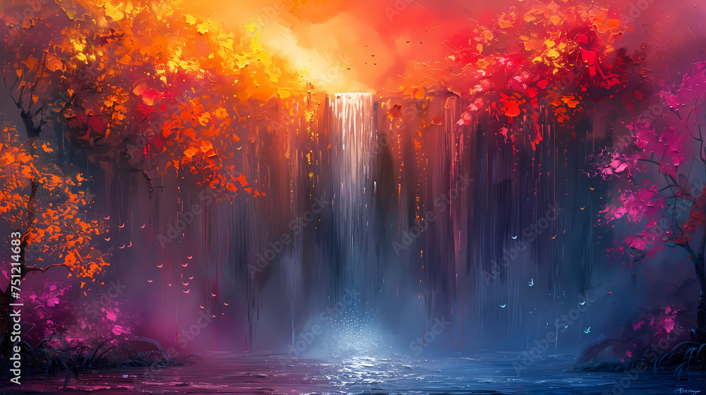 Fantasy landscape with waterfall in the autumn forest. Digital painting.