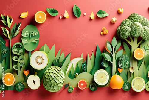 Papercut style fruit and vegetable background. World vegan day. Green background and copy space © Kseniya Ananko