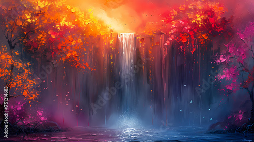 Fantasy landscape with waterfall in the autumn forest. Digital painting.