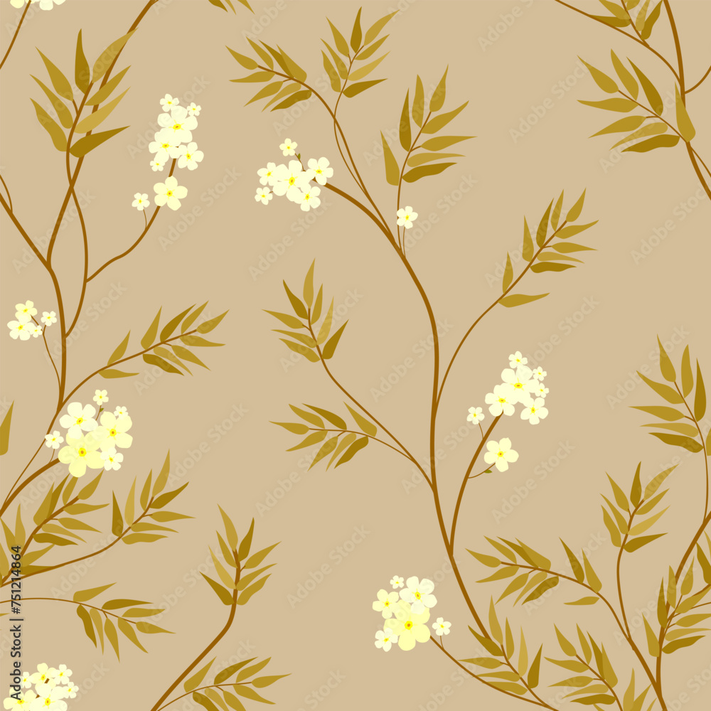 Branches with white flowers and gold leafs on a beige background. Seamless vector pattern.	
