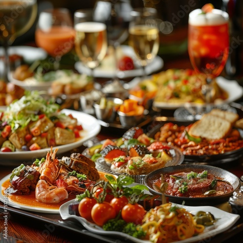 A visually appetizing and high-quality image showcasing a variety of gourmet foods and beverages. 