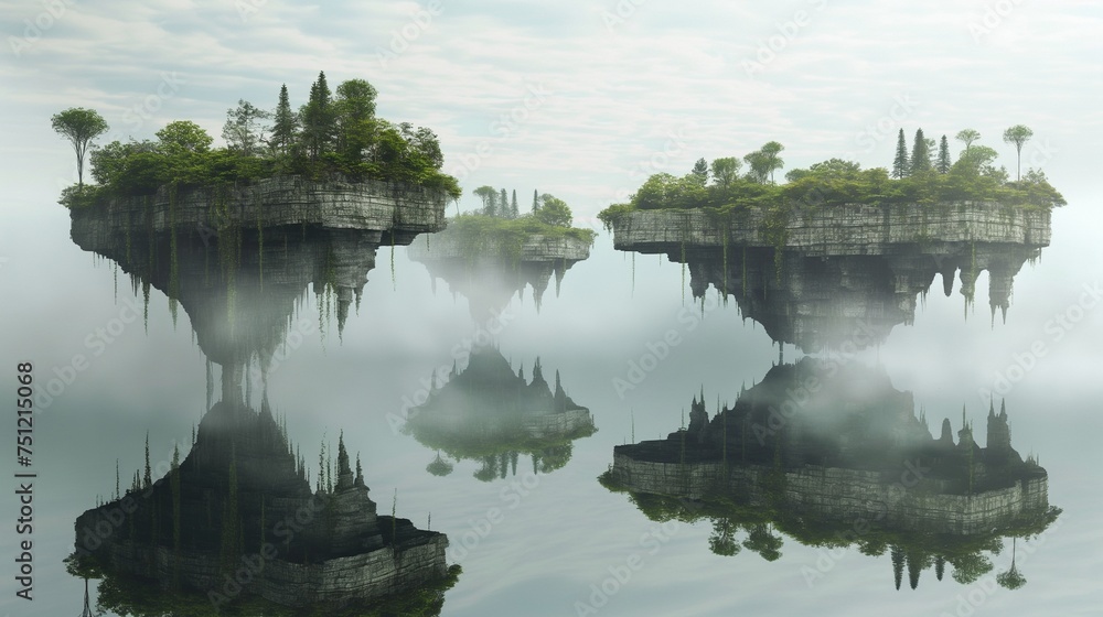 A surreal, otherworldly landscape with floating islands.