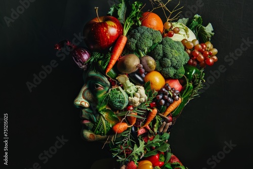 Various food such as vegetables  fruits and peas in head. Nutrition for brain health. Generative AI.