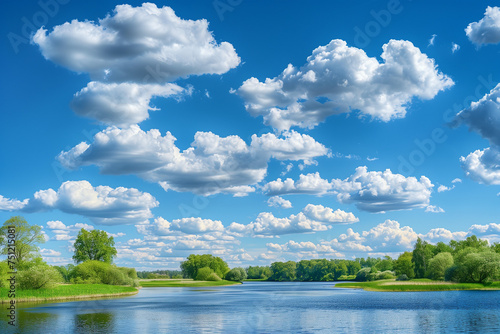 Spring landscape with river, green trees and clouds on the blue sky