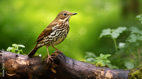 Song Thrush Turdus philomelos perched on log with