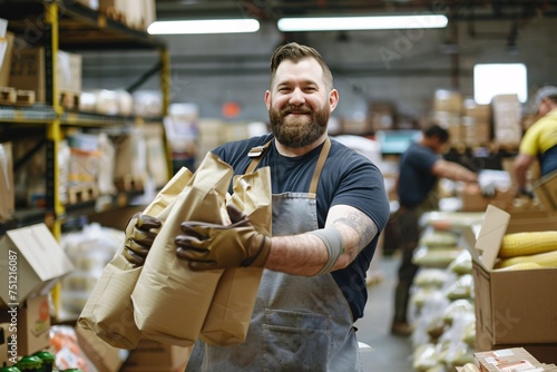 Happy Man in Apron Carrying Bags of Coffee Beans Generative AI