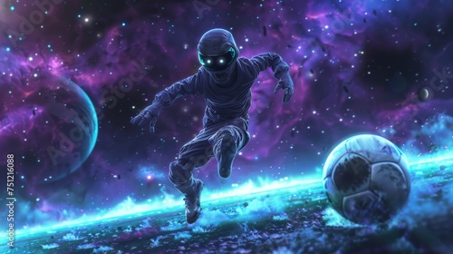 Alien playing soccer in an interstellar stadium, showcasing a cosmic twist on the popular Earth sport. © arhendrix