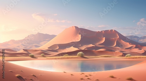 A desert oasis surrounded by massive sand dunes  where holographic mirages blend seamlessly with the 3D terrain.