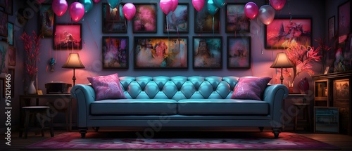 Interior of a living room with a blue sofa and a decorated wall