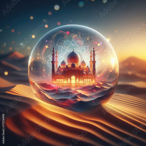 Islamic holiday celebration background with fairy mosque and desert landscape suitable for Ramadan, Eid al-Fitr or Hari Raya.