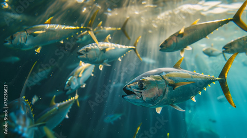 schools of tuna fish swimming together in clear sea water, with sunlight penetrating into the water, Ai generated Images