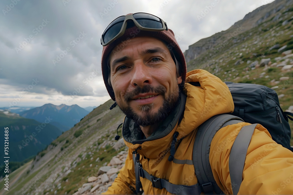 Hiker Side of a Rocky Hill Taking A Selfie of the Mountain View on a Cloudy Day Hiker Side of a Rocky Hill Taking A Selfie of the Mountain View on a Cloudy Day