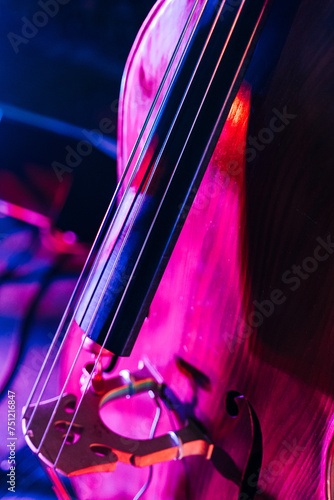 Double bass in neon lights in dark hall photo