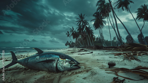 a large tuna fish washed up on the beach, with a background of coconut trees on a remote island, Ai generated Images photo