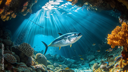 tuna fish swim in a coral reef cave  sunlight penetrates the air  creating a mesmerizing light effect in the air  Ai Generated Images