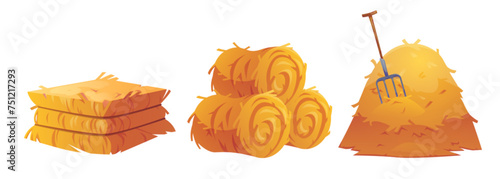 Hay stack and roll for farm design. Cartoon vector illustration set of bale straw pile for fodder and forage, countryside animals care or autumn harvest concept. Yellow agricultural rural haystack.