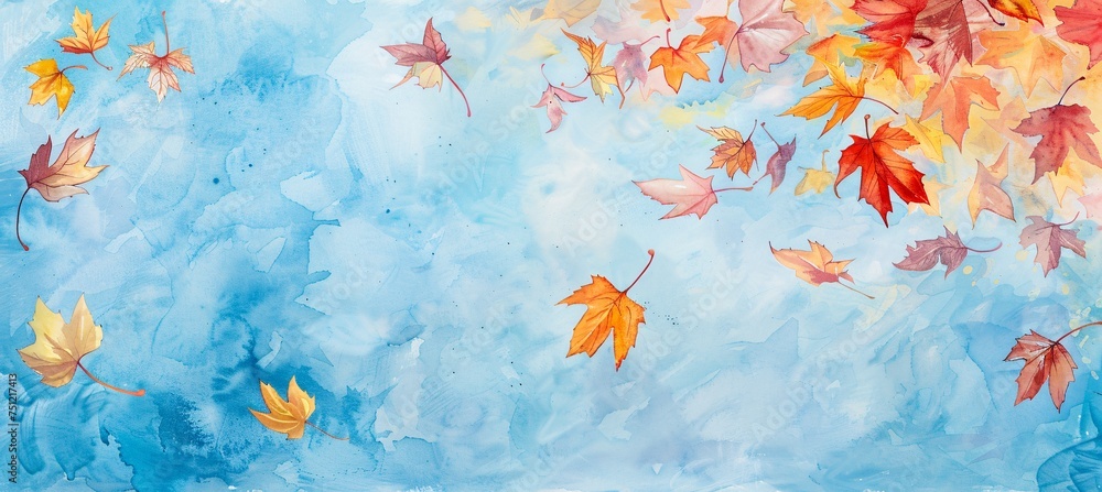 Fototapeta premium Fall Foliage Frenzy A Watercolor Painting of Leaves in the Air Generative AI