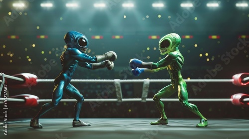 Cute Alien professional boxer having a competition tournament on stage.