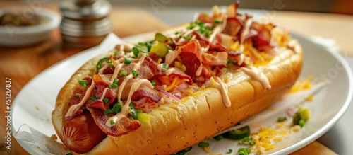A hot dog with various toppings such as ketchup, mustard, relish, and onions arranged neatly on a white plate.