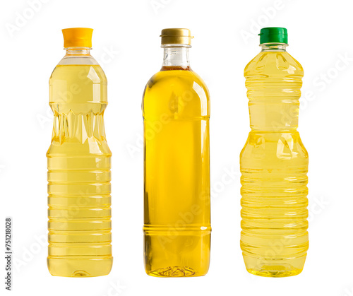 Vegetable oil with olive oil in different bottle for cooking isolated on white background.