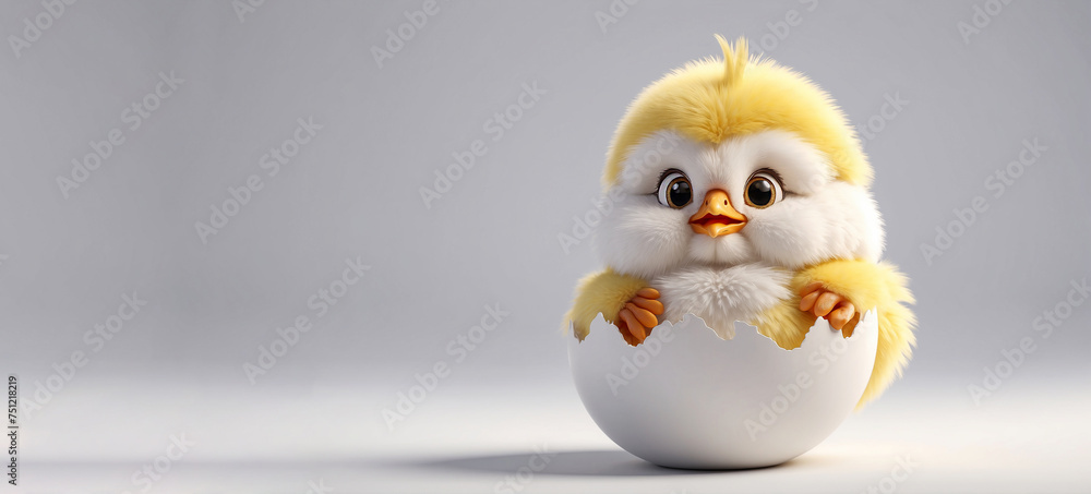 a small fluffy chicken sits in an eggshell. Easter a small fluffy chicken sits in an eggshell. Easter