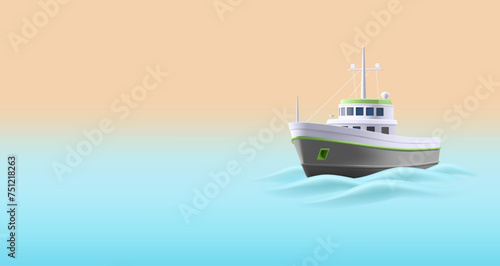 3d realistic fishing boat cartoon style landscape, ship in the sea or ocean with volume waves