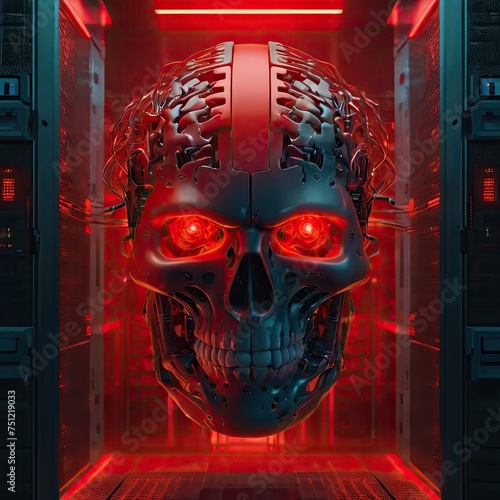 Evil red AI brain in data center. Danger of strong artificial intelligence, threat to humanity, future risk of bad scenario, creating dangerous ASI, scary superintelligence. Generative AI