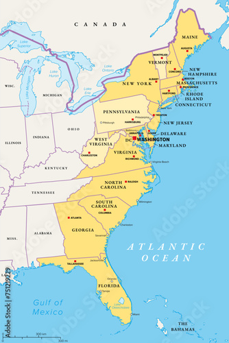 East or Atlantic Coast of the United States  political map. Eastern Seaboard states with coastline on Atlantic Ocean highlighted in yellow and States considered part of the East Coast in light yellow.