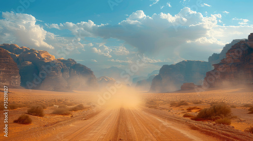 Landscape view of dusty road going far away nowhere in Wadi Rum desert, Jordan.