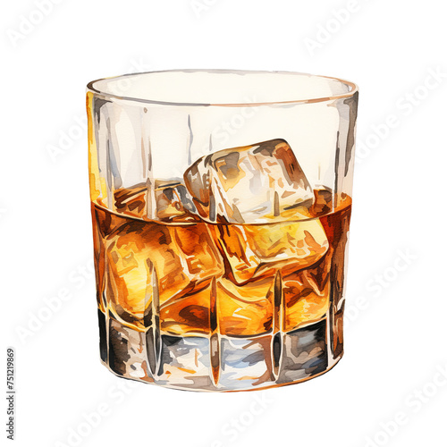 Whiskey glass watercolor clipart illustration on transparent background