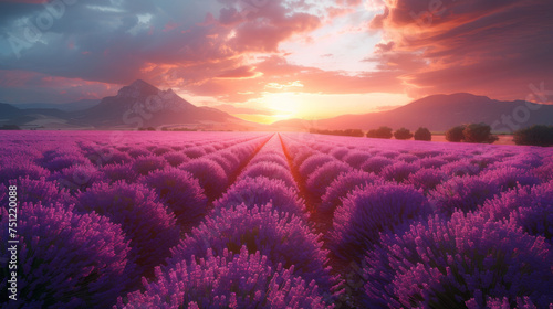 Lavender field summer sunset landscape near Valensole. Provence  France.