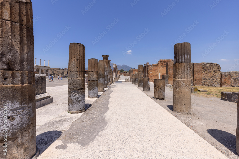 Forum of ancient city destroyed by eruption of the volcano Vesuvius in 79 AD near Naples, Pompeii, Italy.