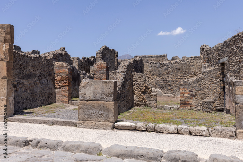 Ruins of an ancient city destroyed by the eruption of the volcano Vesuvius in 79 AD near Naples, Pompeii, Italy