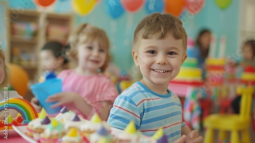Children happily playing with colorful toys in a kindergarten room