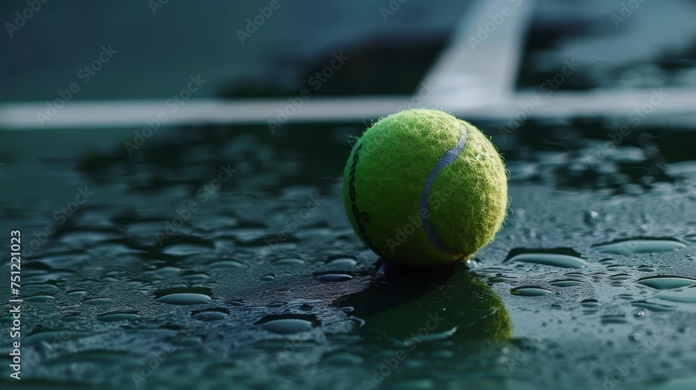  tennis ball is floating on a tennis court with an overhead. 