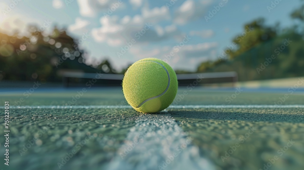 A tennis ball is floating on a tennis court with an overhead. 