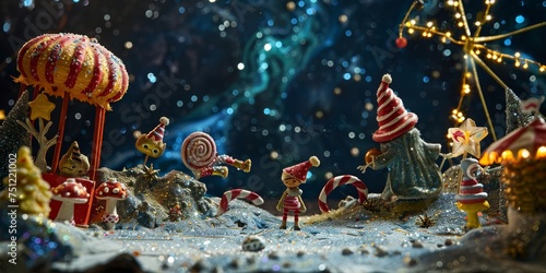 Fascinating pictures from Outer space features colorful miniature toys that Space is scattered throughout the scene. 