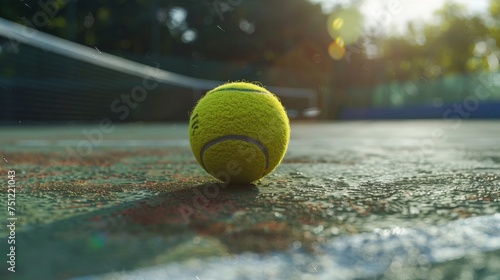 A tennis ball is floating on a tennis court with an overhead.  © supachai