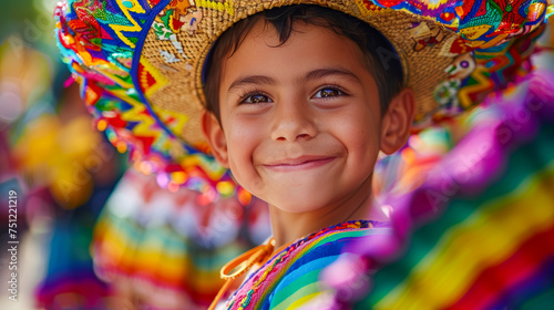 Close-up of a joyful young boy wearing a vibrant, decorated Mexican sombrero and colorful poncho, celebrating cultural heritage with a smile.
