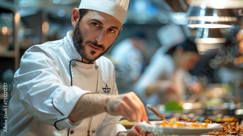 A portrait of a Jewish American chef in a bustling kitchen, wearing a traditional chef's uniform with a Star of David necklace, plating a dish with precision and care